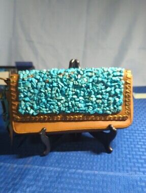 Tango Soft Leather Clutch Bag With Turquoise Stones 11 X 5 Excellent Condition